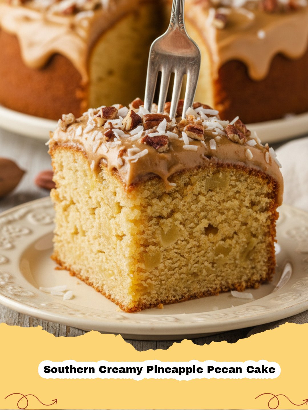 A beautifully frosted Southern Creamy Pineapple Pecan Cake with pecan garnish on a white cake stand.