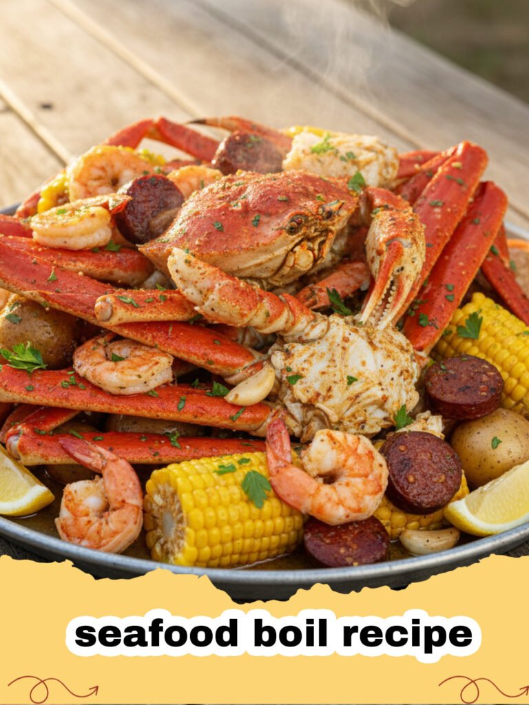 seafood boil recipe - A large, colorful platter of classic Southern seafood boil with shrimp, crab legs, corn, and potatoes, ready to be served.