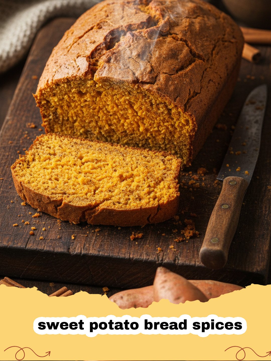 sweet potato bread spices - A perfectly baked loaf of sweet potato bread on a wooden board, garnished with autumn leaves and whole spices.