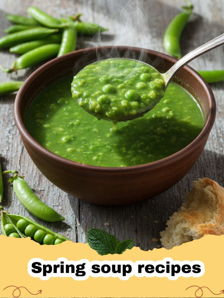 Spring soup recipes - A bowl of vibrant green spring pea and asparagus soup garnished with cream and microgreens.