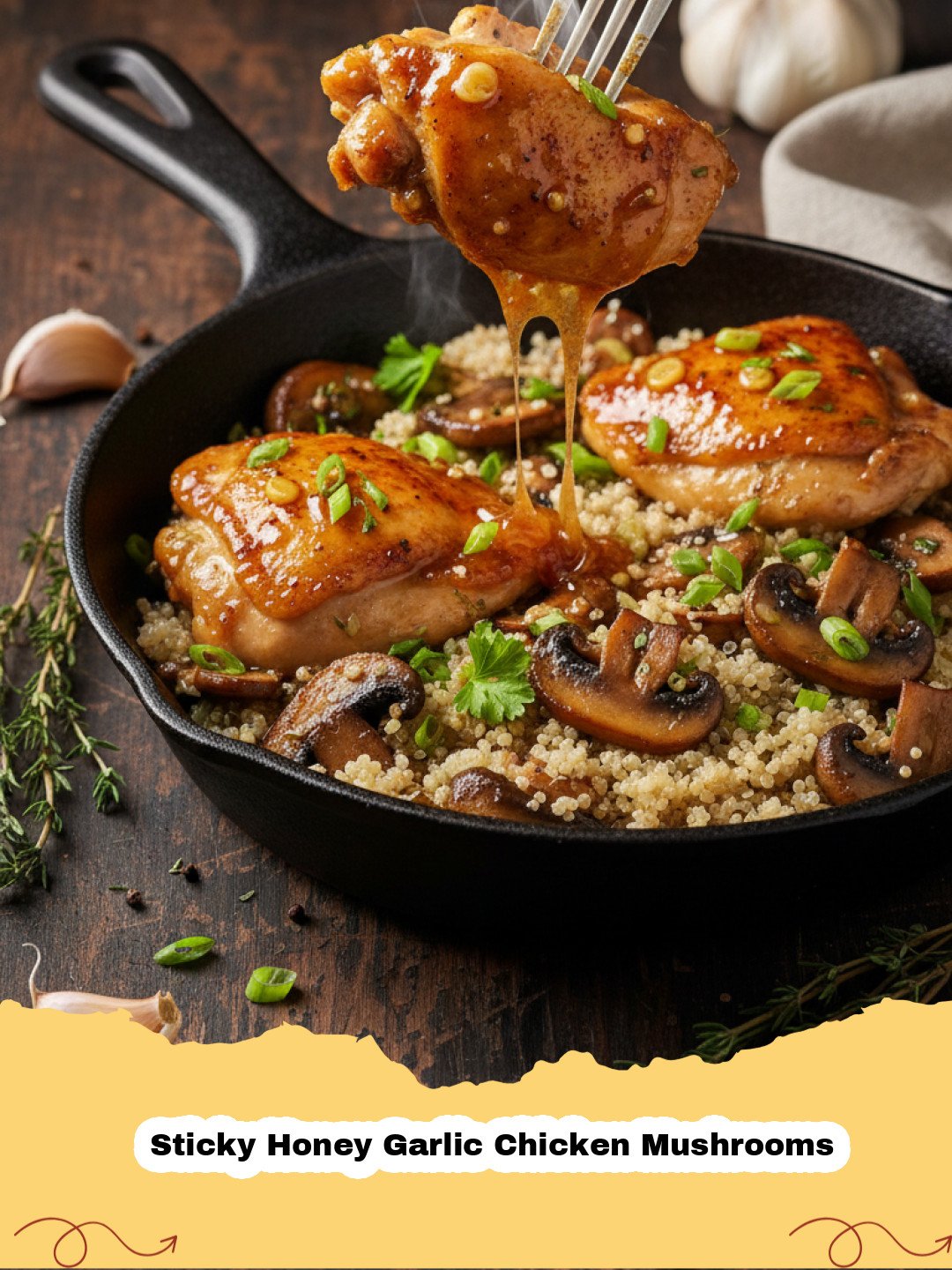Close-up of Sticky Honey Garlic Chicken Mushrooms garnished with sesame seeds and green onions in a skillet.