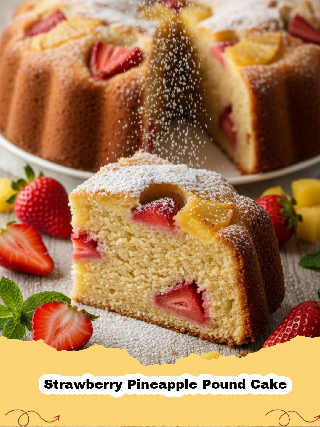 A beautifully glazed Strawberry Pineapple Pound Cake on a white cake stand, garnished with fresh strawberries and mint leaves, with slices visible.