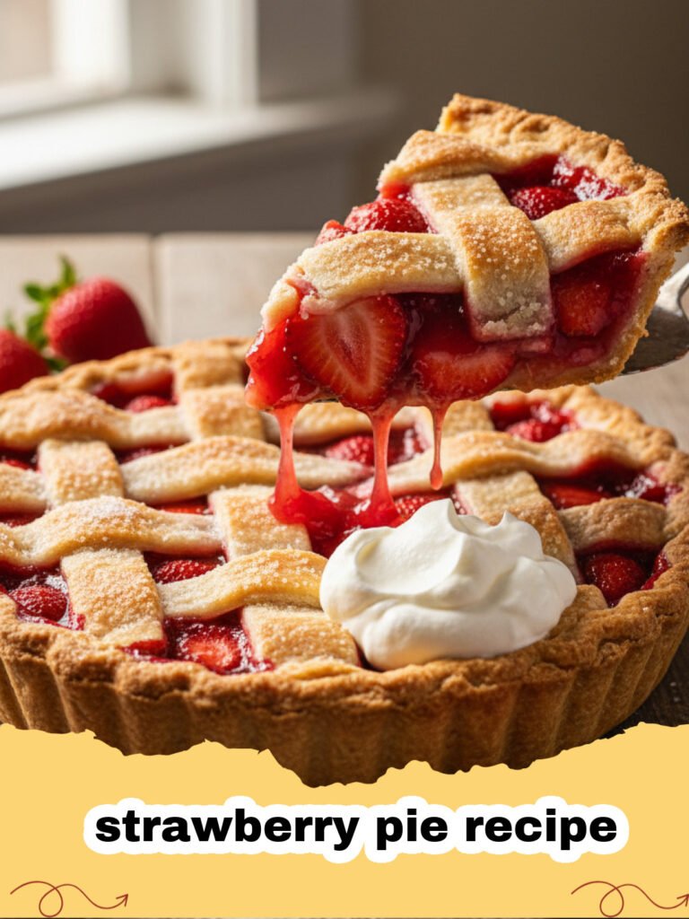 strawberry pie recipe - A close-up shot of a fresh strawberry pie with a glossy red glaze and a golden crust.