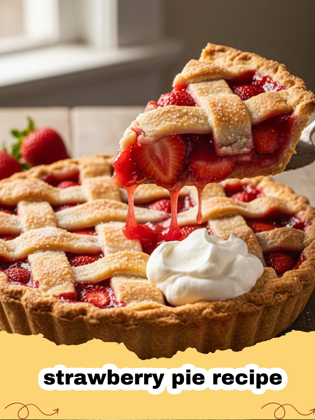 strawberry pie recipe - A close-up shot of a fresh strawberry pie with a glossy red glaze and a golden crust.