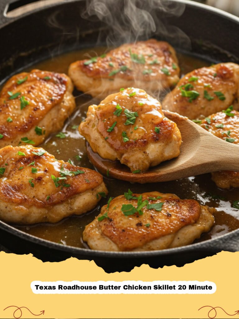 Texas Roadhouse Butter Chicken Skillet 20 Minute - Creamy Texas Roadhouse Butter Chicken Skillet with rice and naan on a wooden table.