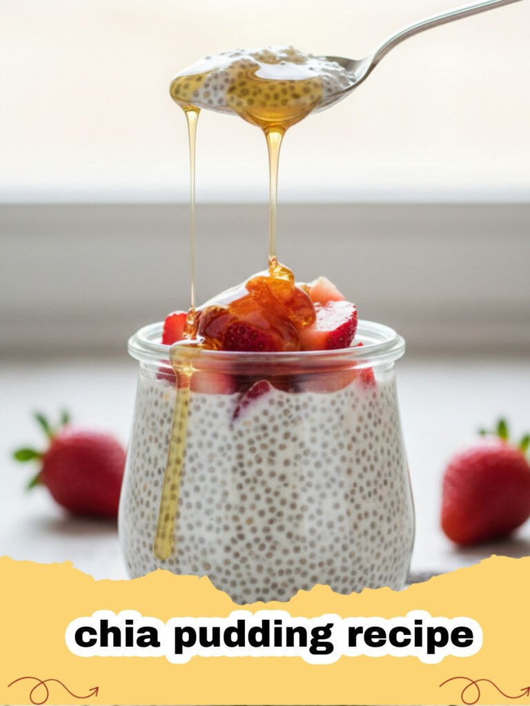 chia pudding recipe - Close-up of creamy chia pudding in a glass jar, topped with fresh berries, sliced almonds, and a drizzle of maple syrup, against a light background.