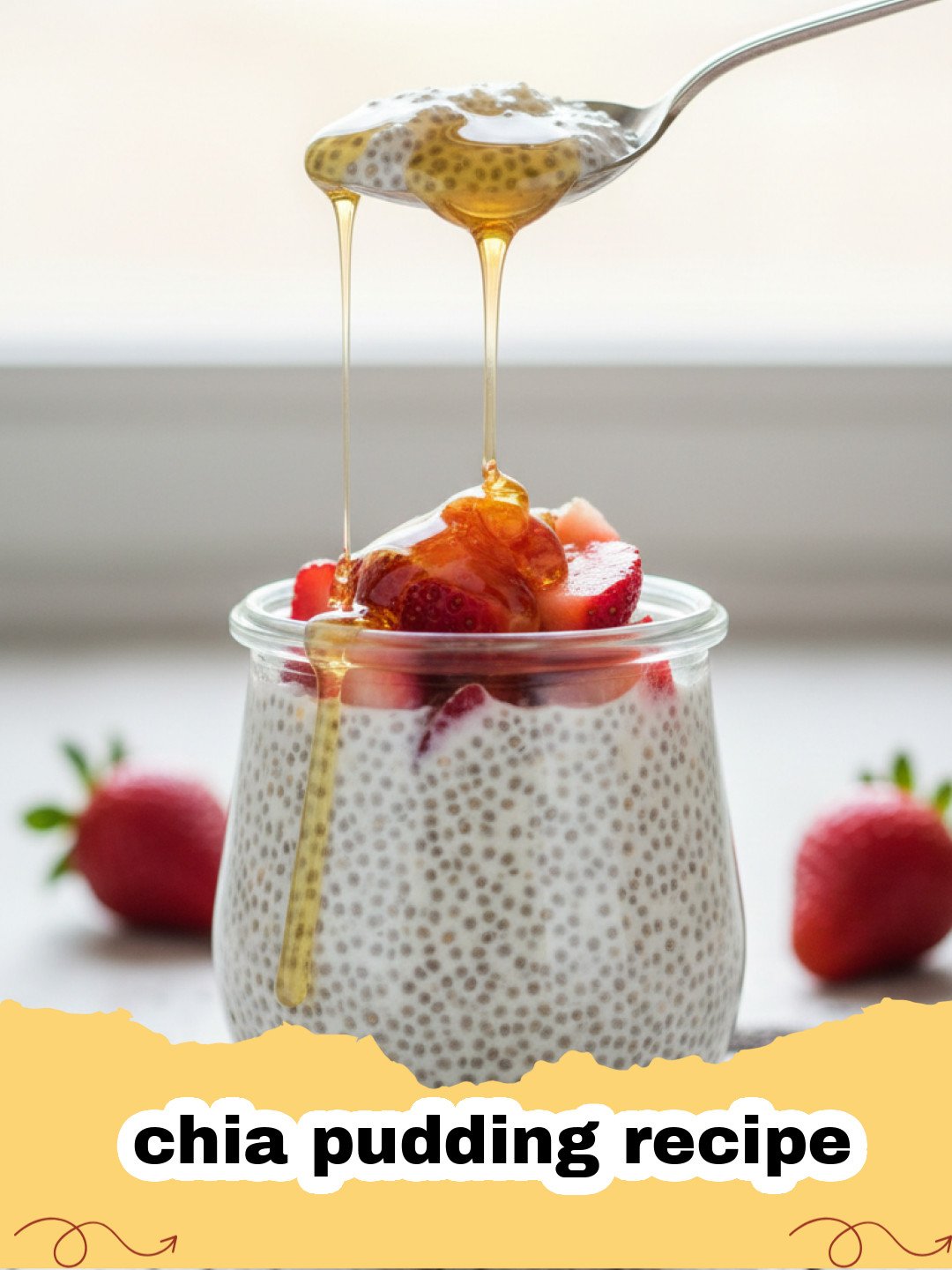 chia pudding recipe - Close-up of creamy chia pudding in a glass jar, topped with fresh berries, sliced almonds, and a drizzle of maple syrup, against a light background.