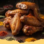 chicken wing dry rub for smoking - Close-up of perfectly smoked chicken wings coated in a vibrant dry rub, resting on a wooden cutting board with a smoky background.