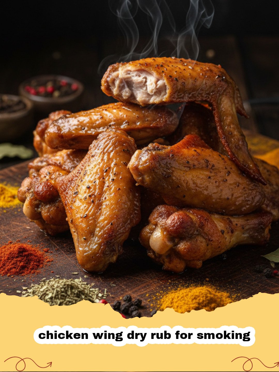 chicken wing dry rub for smoking - Close-up of perfectly smoked chicken wings coated in a vibrant dry rub, resting on a wooden cutting board with a smoky background.