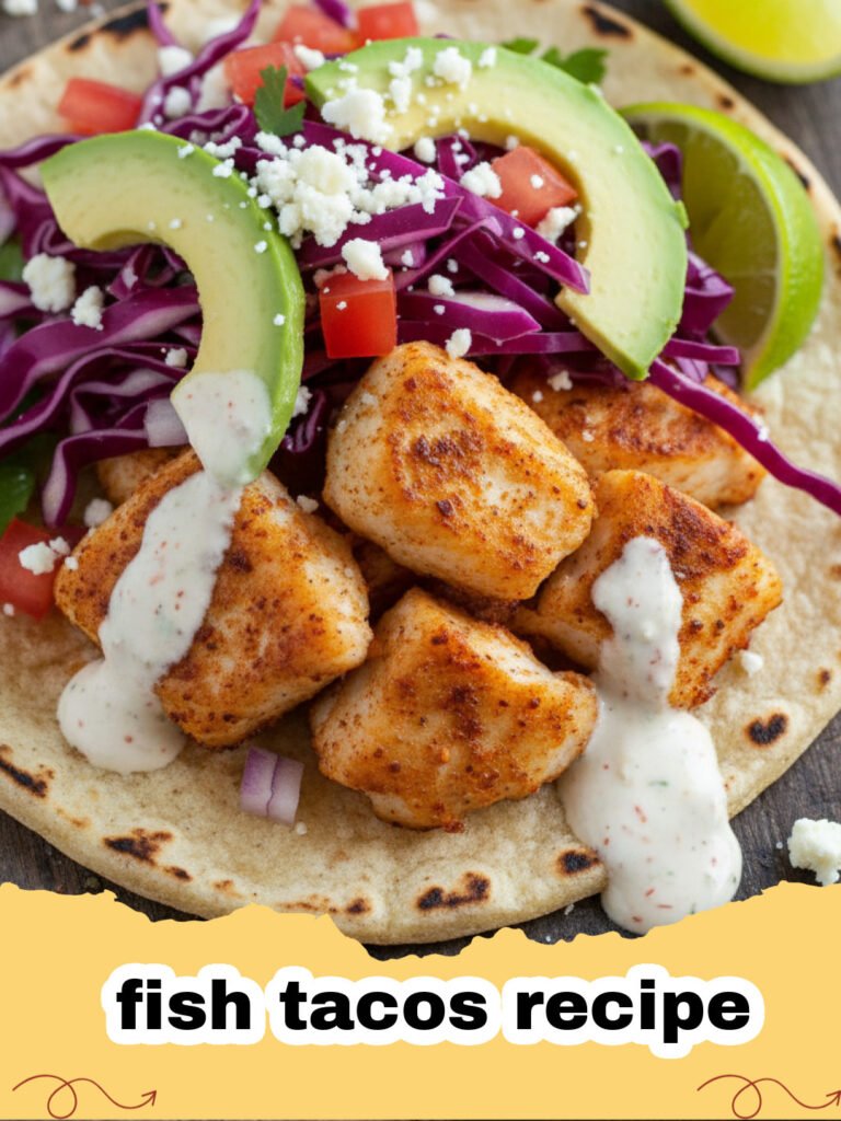 fish tacos recipe - A plate of three crispy fish tacos with lime wedges and cilantro garnish.