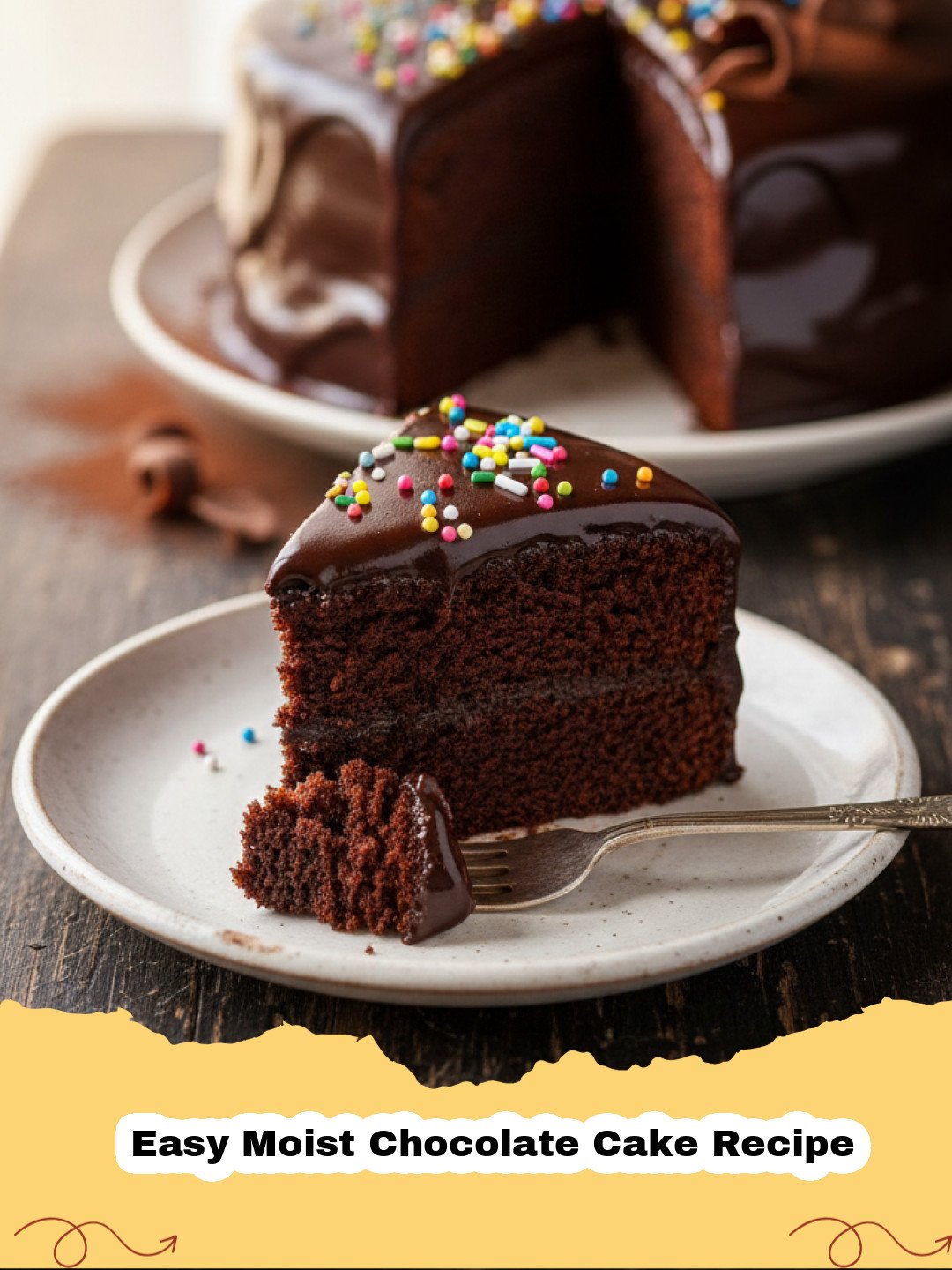 Easy Moist Chocolate Cake Recipe - A beautifully frosted easy moist chocolate cake with a slice removed, revealing its tender, dark crumb.