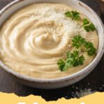 alfredo sauce recipe - Creamy homemade alfredo sauce coating fettuccine pasta in a white bowl, garnished with fresh parsley.