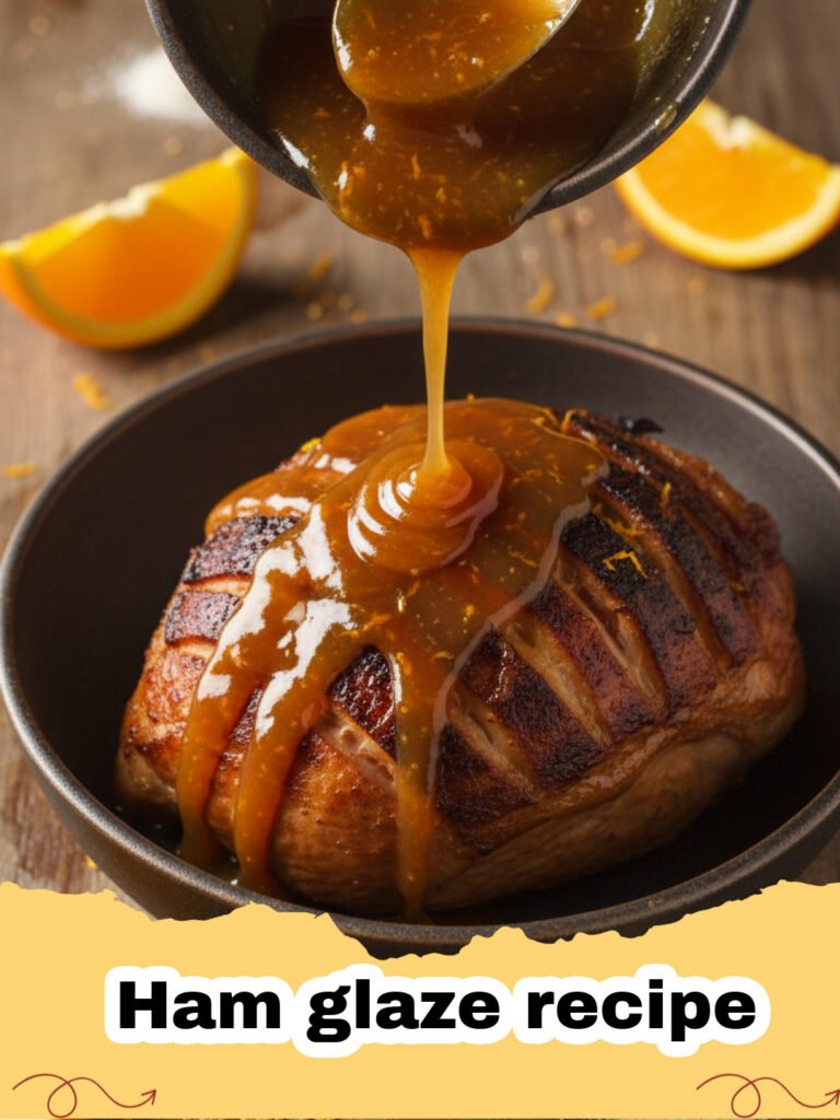 Ham glaze recipe - Golden brown glazed ham on a serving platter with rosemary