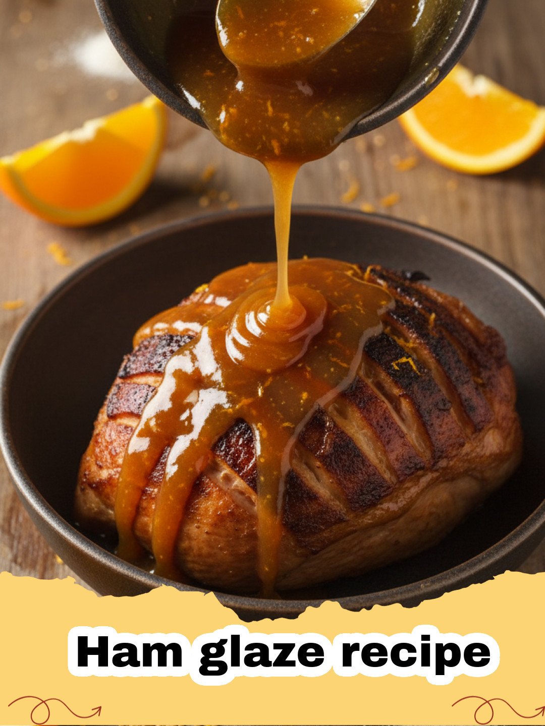 Ham glaze recipe - Golden brown glazed ham on a serving platter with rosemary