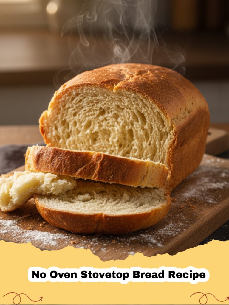 Freshly baked No Oven Stovetop Bread Recipe loaf on a cutting board, sliced, with steam rising from the interior.