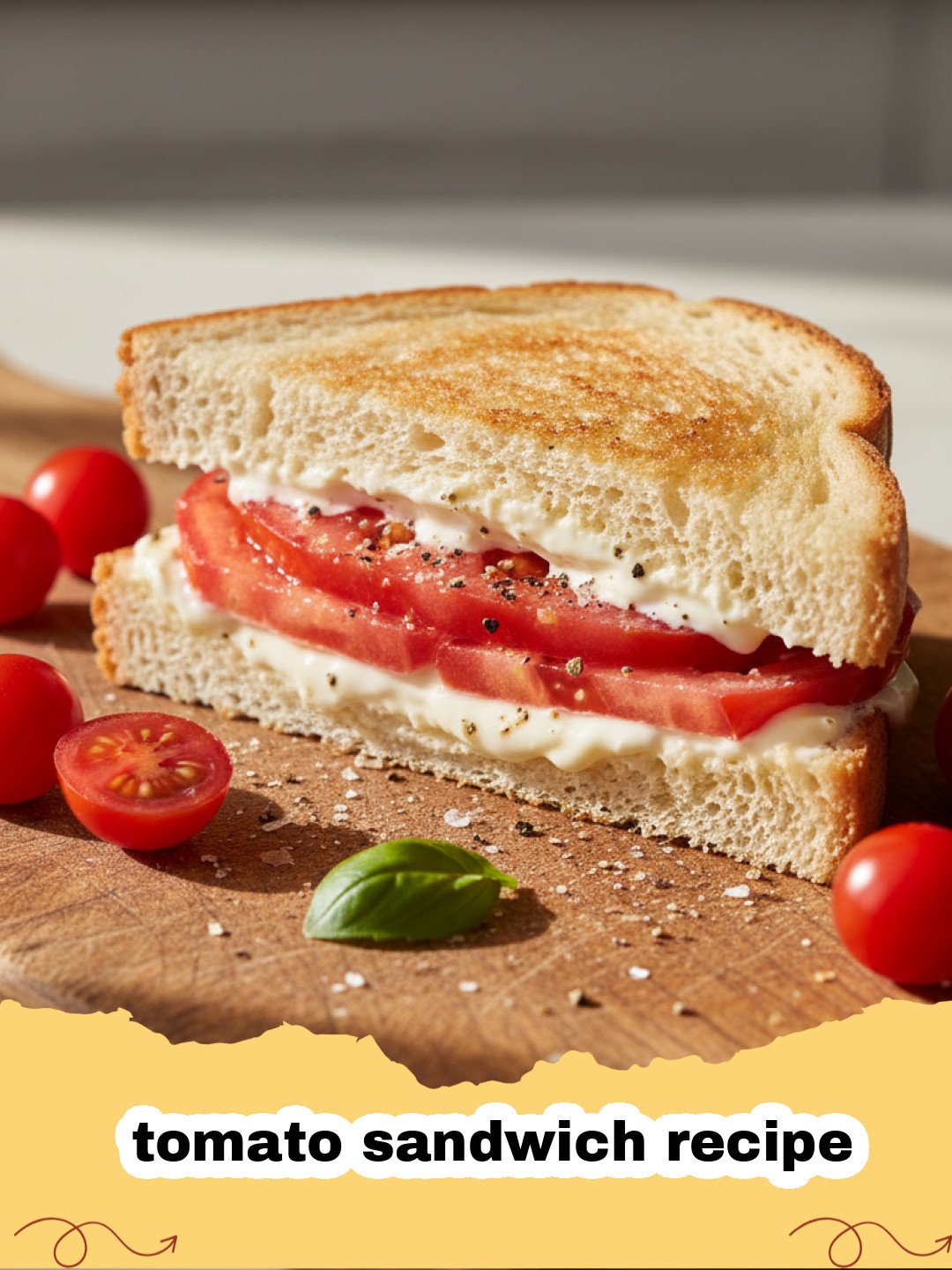 tomato sandwich recipe - A close-up shot of a classic tomato sandwich with thick red tomato slices and creamy mayo on white bread.
