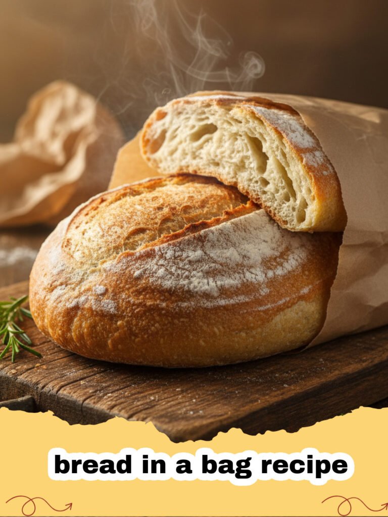 bread in a bag recipe - Freshly baked golden-brown bread loaf resting on a wire rack, steam gently rising, with a zip-top bag in the background
