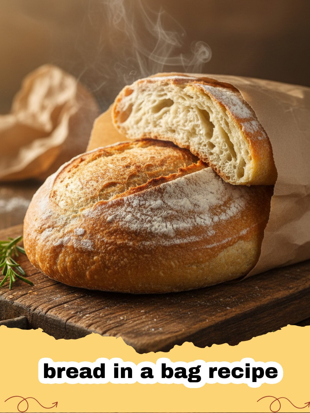 bread in a bag recipe - Freshly baked golden-brown bread loaf resting on a wire rack, steam gently rising, with a zip-top bag in the background
