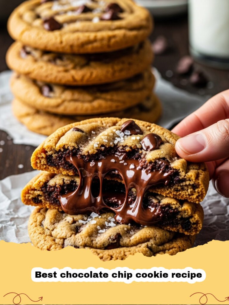 Best chocolate chip cookie recipe - A stack of warm chocolate chip cookies with melted chocolate chunks and sea salt.