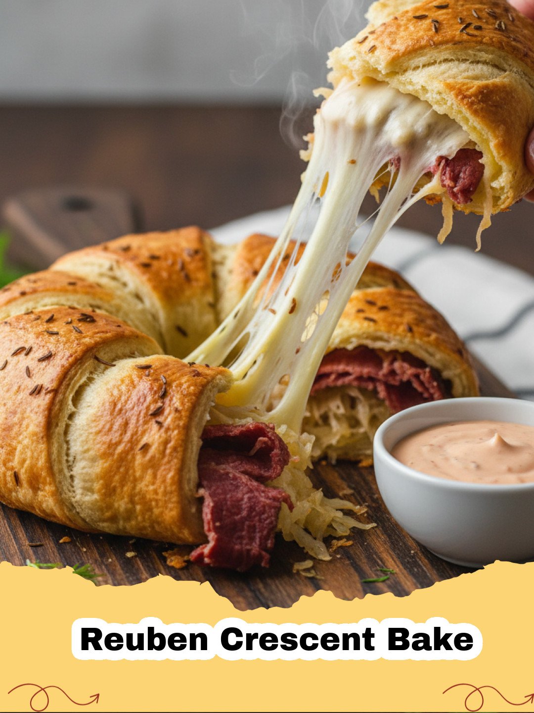 Golden brown Reuben Crescent Bake in a baking dish, sliced into squares, with melted cheese and corned beef visible