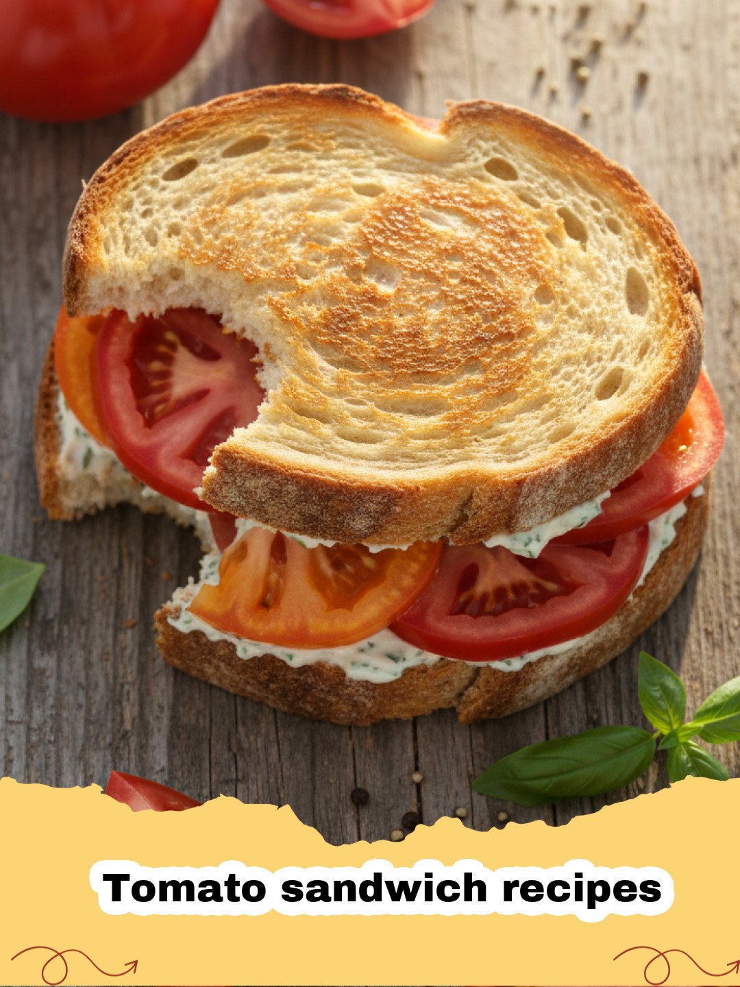 Tomato sandwich recipes - A close-up shot of a juicy heirloom tomato sandwich with thick slices of red and yellow tomatoes and creamy mayo on soft bread.