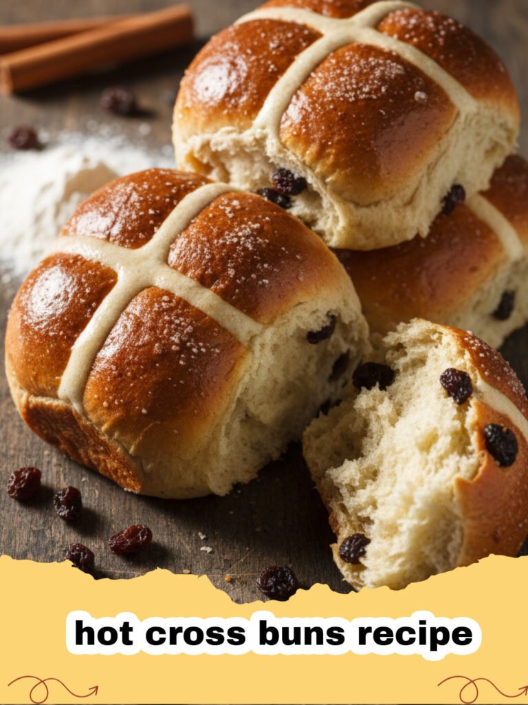 hot cross buns recipe - A tray of freshly baked glazed hot cross buns with white flour crosses.