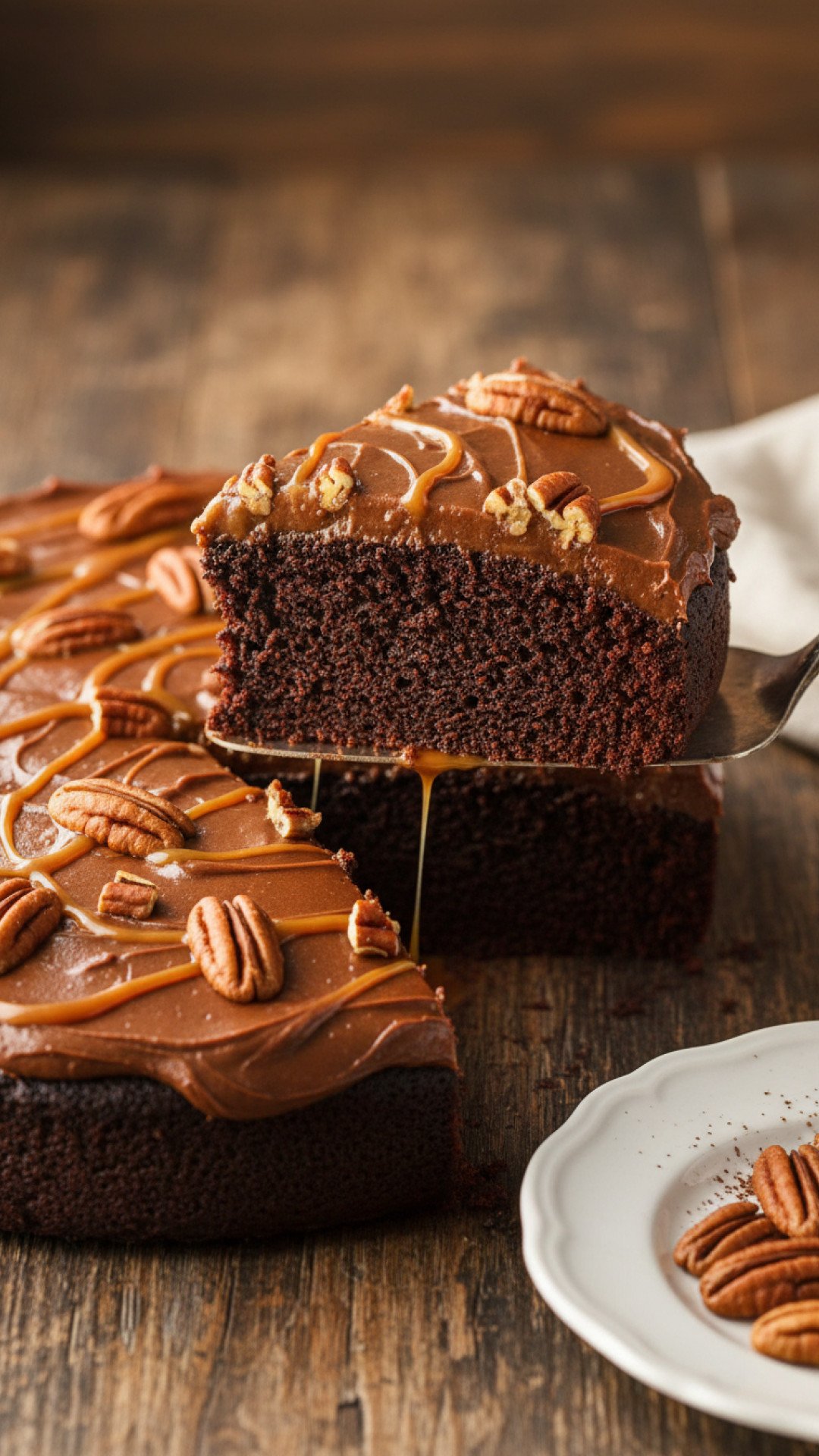 Turtle Texas Sheet Cake Recipe Fudge Caramel Pecans Preparation