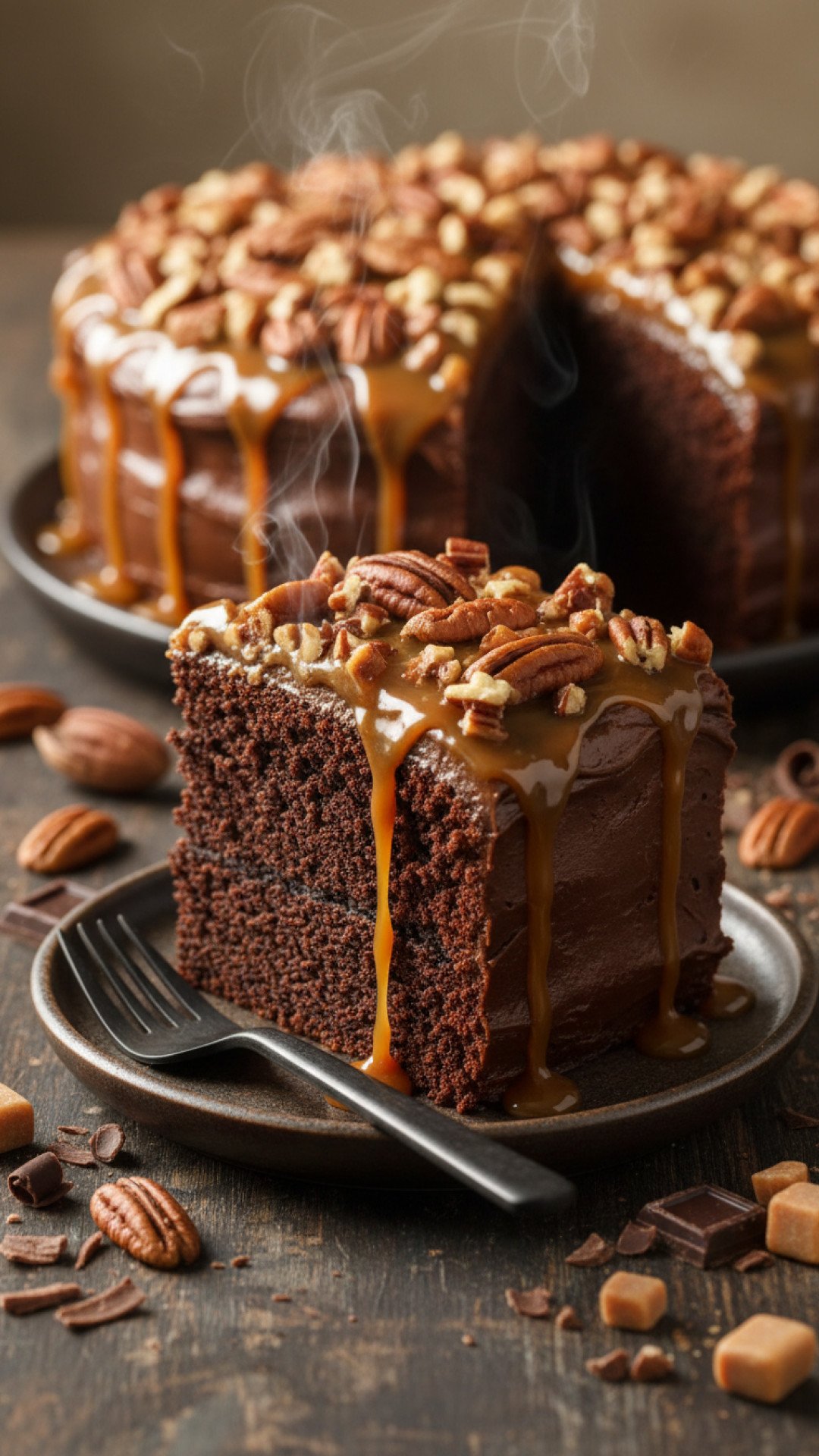 Turtle Texas Sheet Cake with Fudge, Caramel, and Pecans Preparation