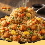 ultimate chicken fried rice on blackstone - A close-up shot of homemade ultimate chicken fried rice on a Blackstone griddle, with steam rising and perfectly cooked chicken, rice, and vegetables.