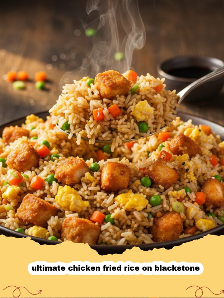 ultimate chicken fried rice on blackstone - A close-up shot of homemade ultimate chicken fried rice on a Blackstone griddle, with steam rising and perfectly cooked chicken, rice, and vegetables.
