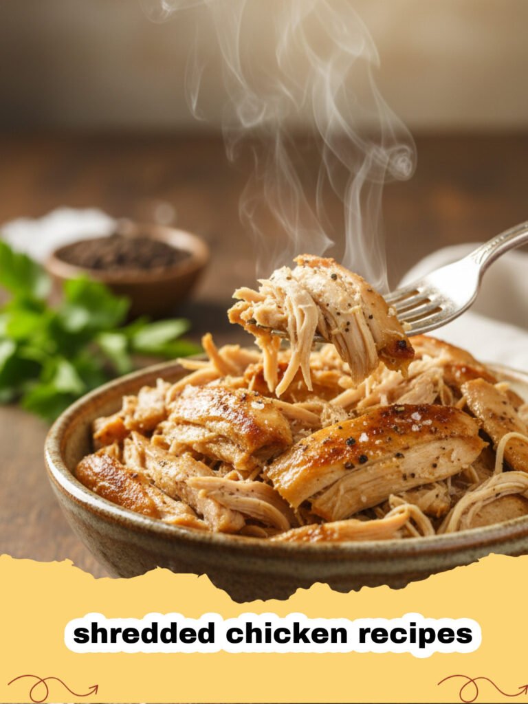 shredded chicken recipes - Pile of perfectly shredded chicken in a white bowl with two forks, ready for use in recipes