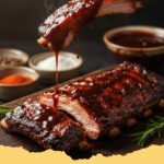 Perfectly glazed Fall Off the Bone Oven Baked BBQ Ribs on a cutting board with a side of coleslaw.