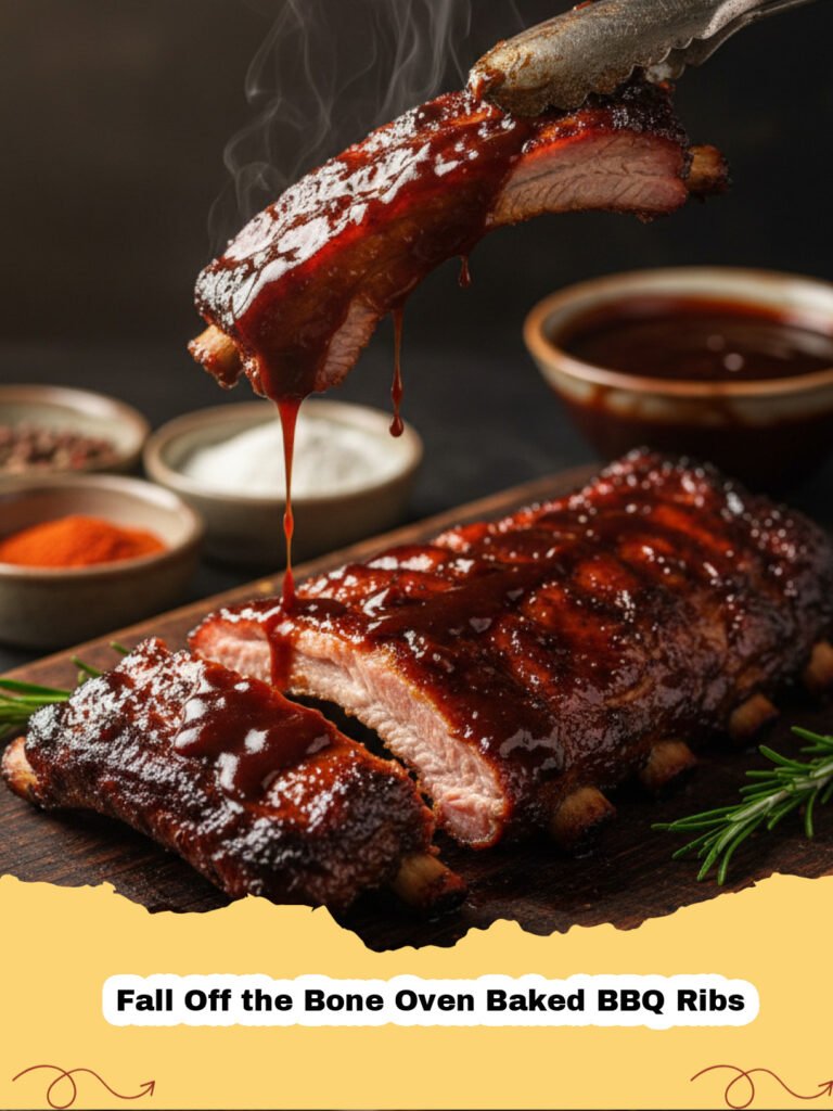 Perfectly glazed Fall Off the Bone Oven Baked BBQ Ribs on a cutting board with a side of coleslaw.