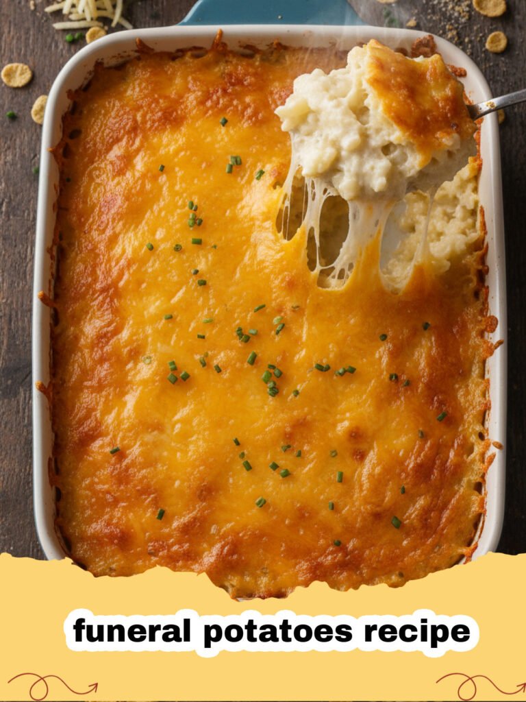 funeral potatoes recipe - A golden brown cheesy funeral potatoes casserole in a baking dish