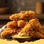 chicken tenders recipe - Platter of golden brown, crispy homemade chicken tenders with various dipping sauces like honey mustard and BBQ.