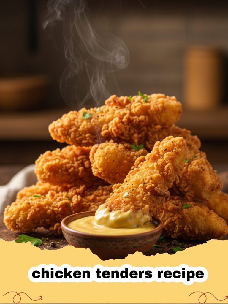 chicken tenders recipe - Platter of golden brown, crispy homemade chicken tenders with various dipping sauces like honey mustard and BBQ.
