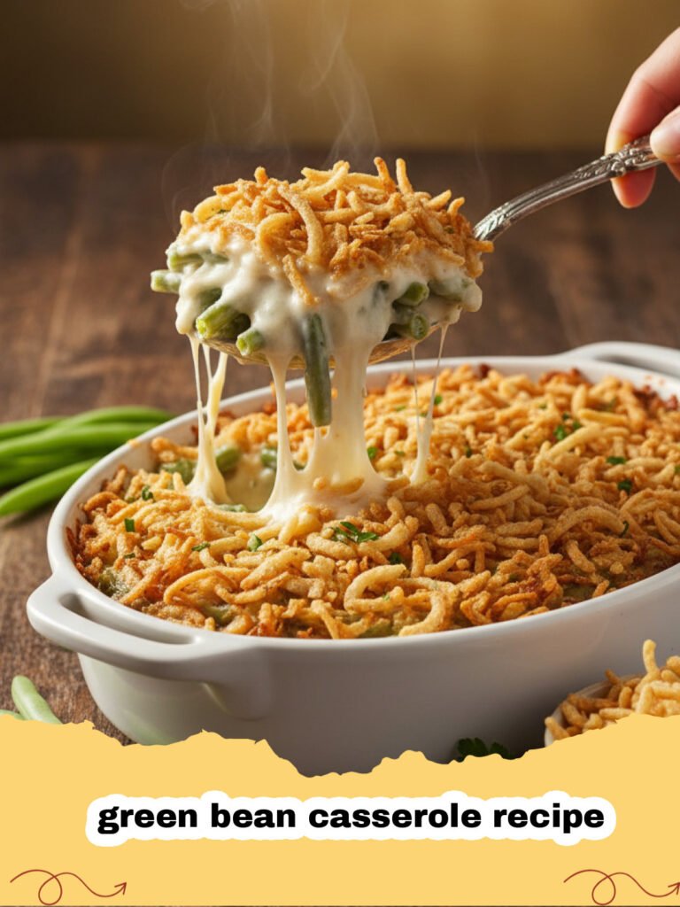 green bean casserole recipe - A golden brown green bean casserole with crispy fried onions on top in a white baking dish, ready to be served.