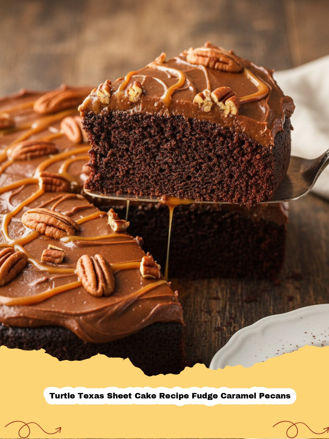 Turtle Texas Sheet Cake Recipe Fudge Caramel Pecans - A large, rectangular Turtle Texas Sheet Cake, topped with rich fudge frosting, gooey caramel drizzles, and crunchy chopped pecans, ready to be sliced.