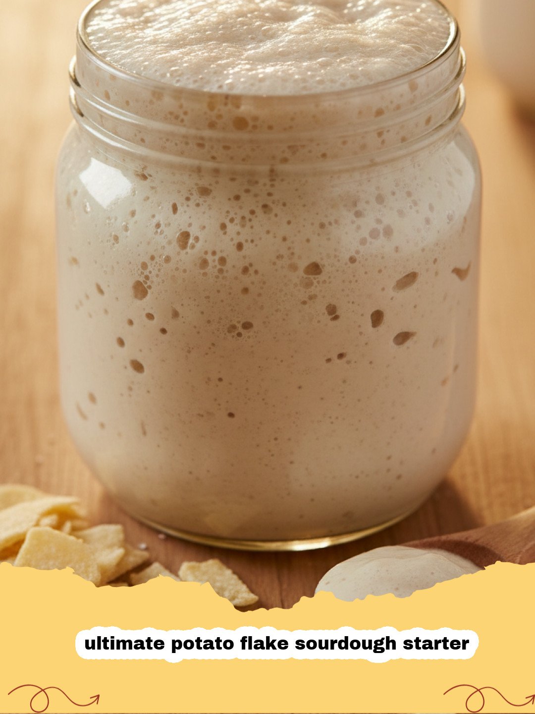 ultimate potato flake sourdough starter - Close-up of a bubbly, active potato flake sourdough starter in a glass jar, showing a domed top and many bubbles, ready for baking.