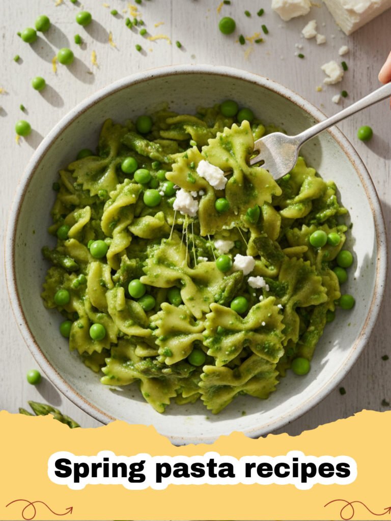Spring pasta recipes - A plate of lemon asparagus and pea pasta with parmesan cheese garnish