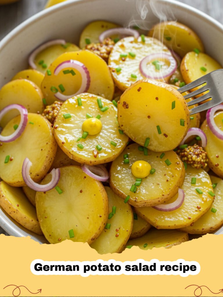 German potato salad recipe - A bowl of warm German potato salad topped with bacon and parsley.