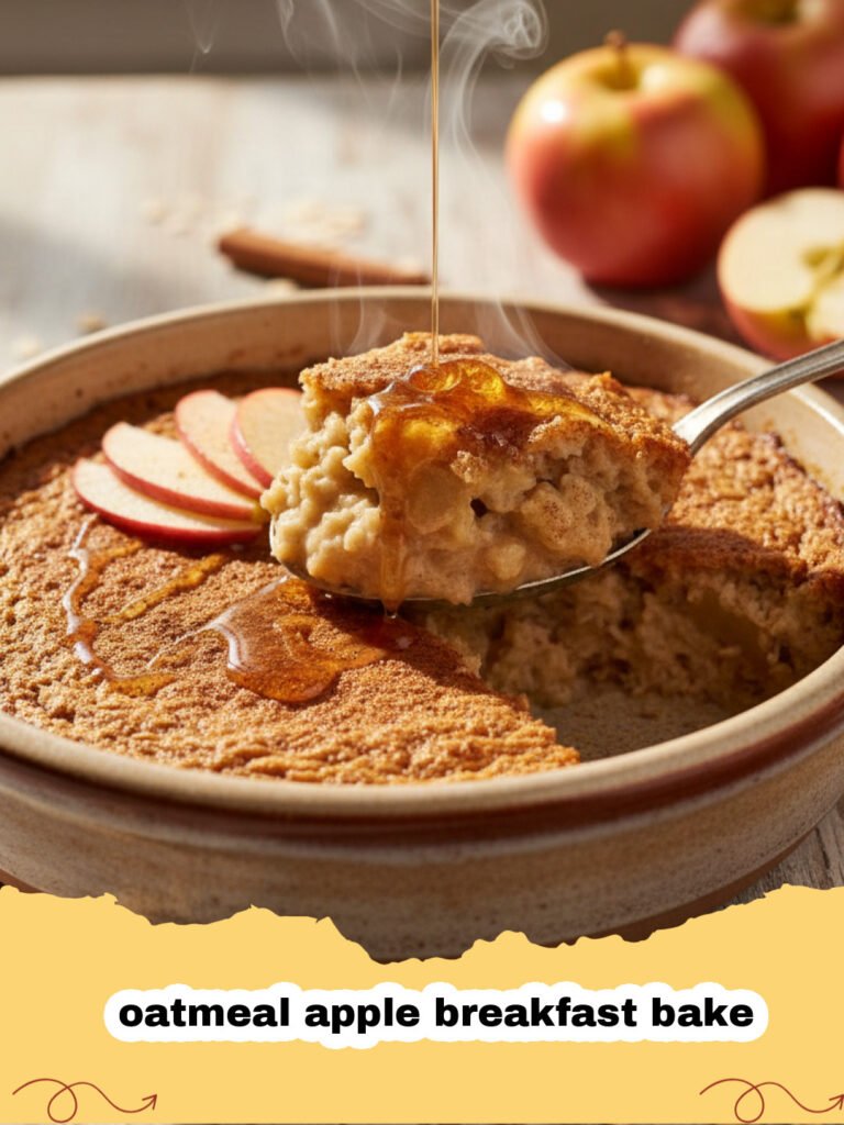 Close-up of a warm oatmeal apple breakfast bake in a baking dish, with a scoop removed.
