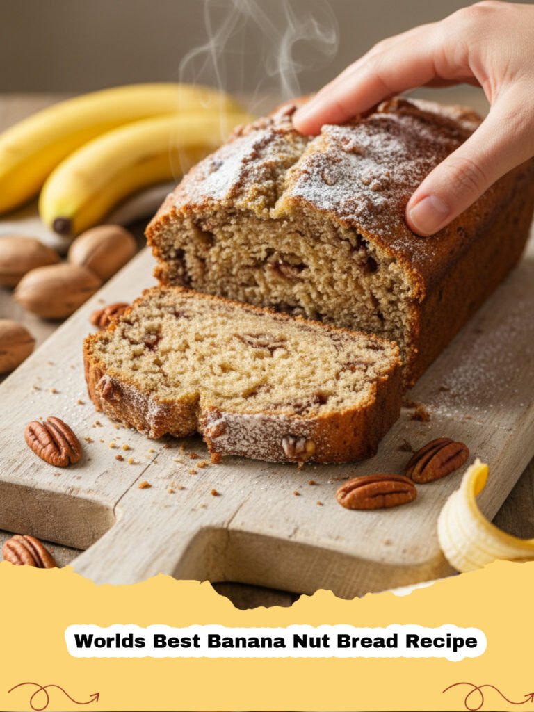 A golden brown loaf of Worlds Best Banana Nut Bread Recipe, sliced, revealing moist interior and chopped walnuts