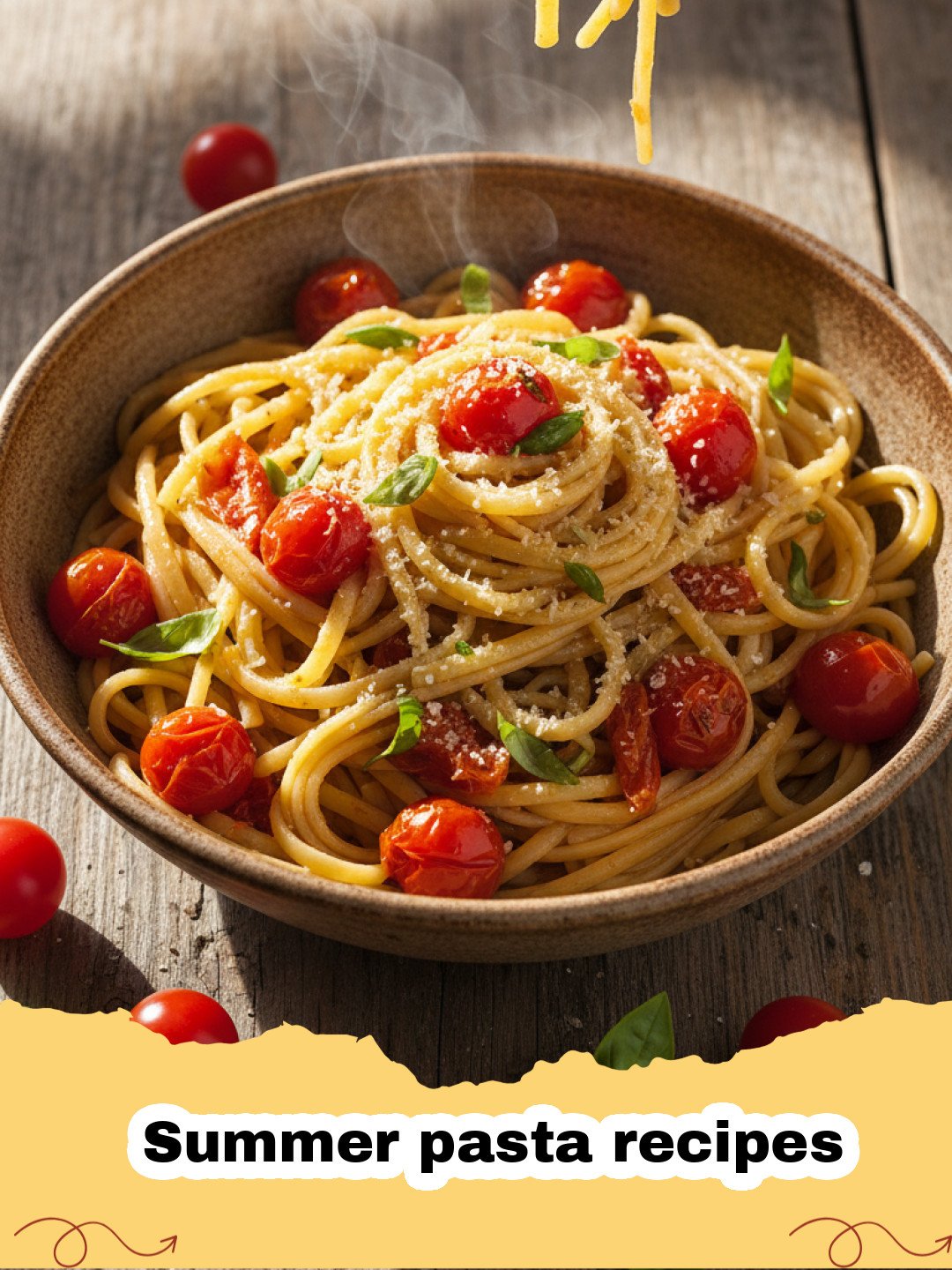 Summer pasta recipes - A beautiful bowl of lemon herb summer pasta with cherry tomatoes and fresh basil.