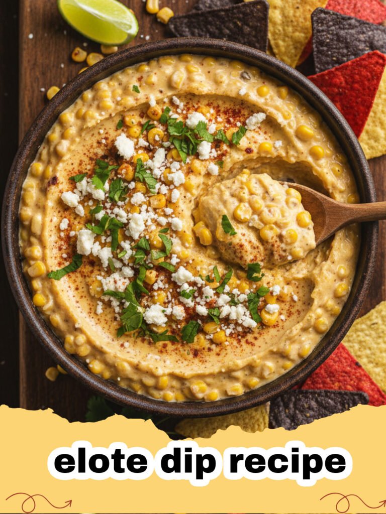 elote dip recipe - Close-up of creamy and zesty elote dip in a bowl, garnished with cotija cheese, cilantro, and chili powder, with tortilla chips in the background.
