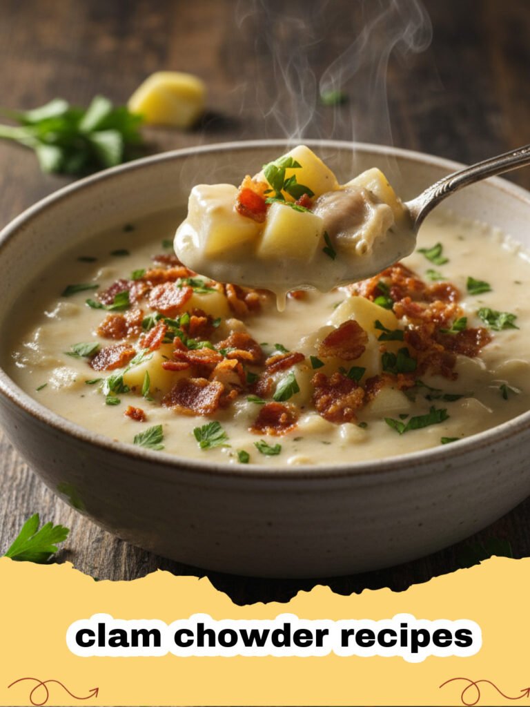 clam chowder recipes - A steaming bowl of creamy New England Clam Chowder with crumbled bacon and chives on top, served with oyster crackers and crusty bread.