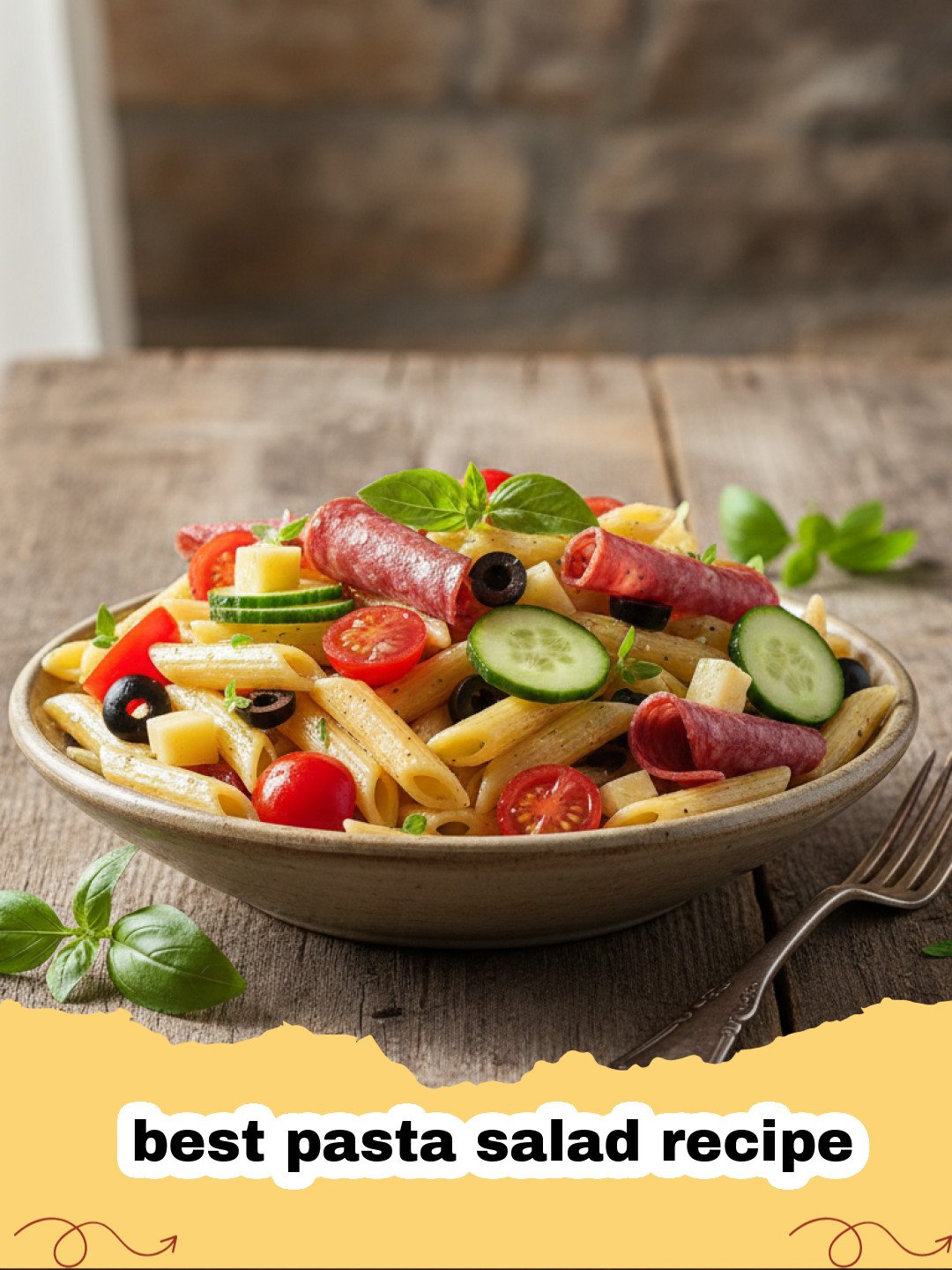 A vibrant and colorful bowl of the best pasta salad recipe, filled with rotini, cherry tomatoes, cucumbers, olives, and cheese, tossed in a zesty vinaigrette.