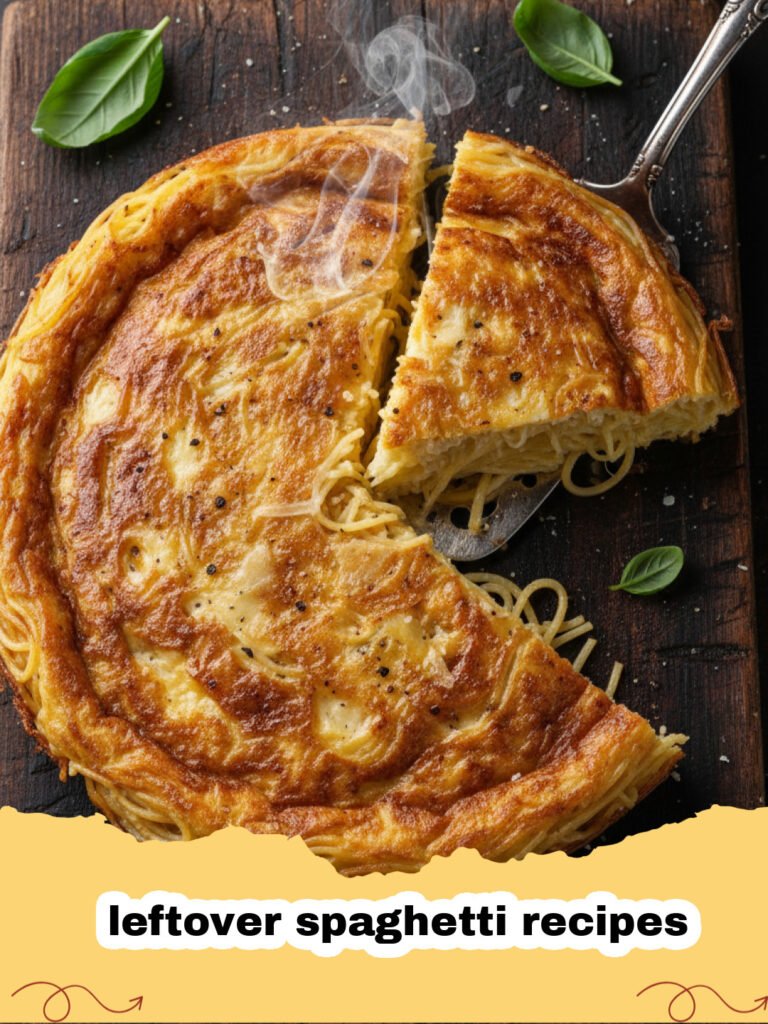 leftover spaghetti recipes - Close-up of a golden, bubbly, cheesy baked spaghetti casserole in a white baking dish, fresh from the oven, with a serving spoon.