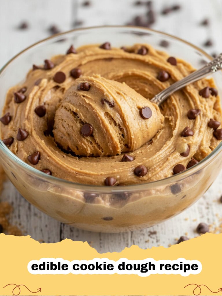 edible cookie dough recipe - A bowl of classic chocolate chip edible cookie dough with a spoon in it, ready to eat.
