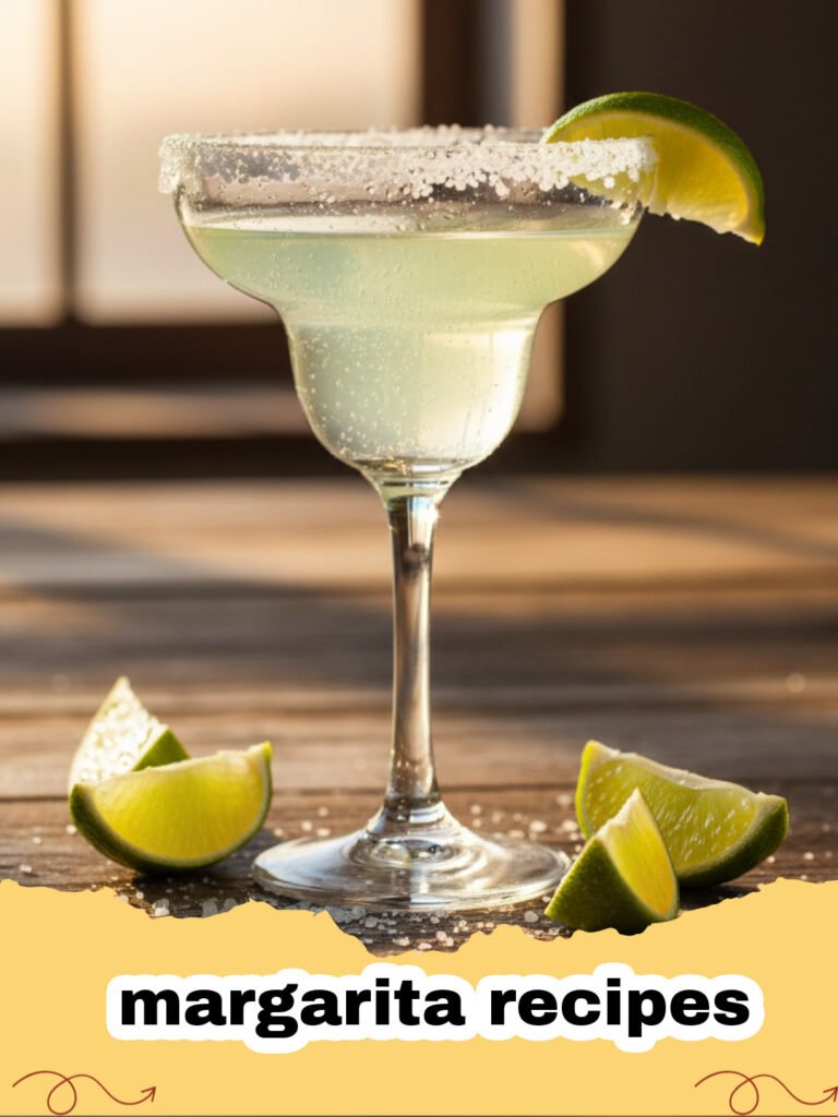 margarita recipes - A perfectly crafted classic lime margarita in a salt-rimmed glass with a lime wedge garnish, set on a bright background.